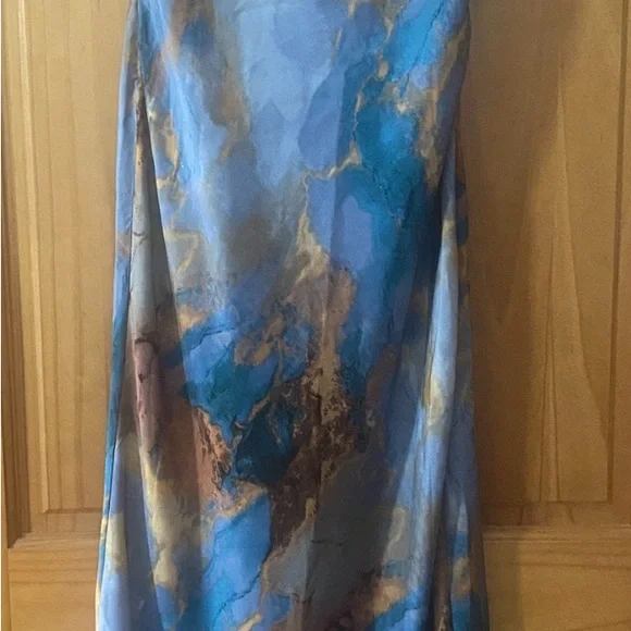 Micas Marble Print Satin Slip Dress Blue Brown Cowl Neck Midi Size M - Picture 2 of 13